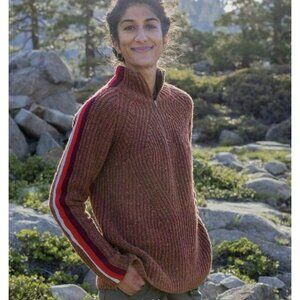 Krimson Klover Brown Cable Knit Sweater Stripe Sleeve Thumbholes Half Zip L